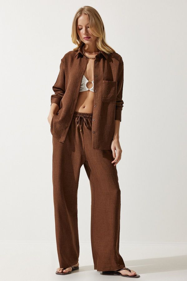 Happiness İstanbul Happiness İstanbul Women's Brown Oversize Shirt Wide Trousers Suit