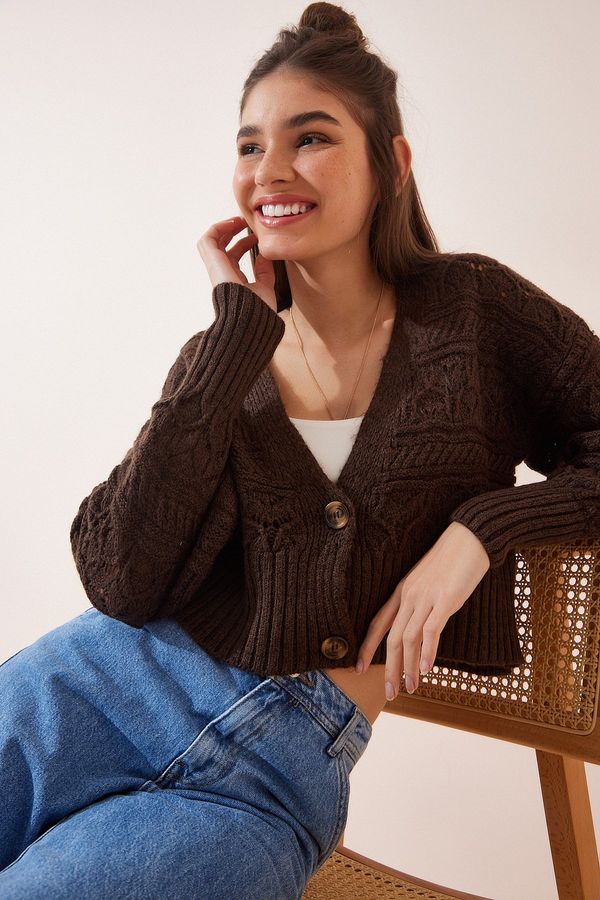 Happiness İstanbul Happiness İstanbul Women's Brown Patterned V-Neck Knitwear Cardigan