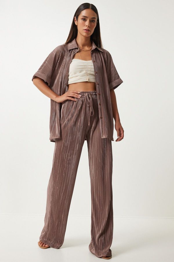 Happiness İstanbul Happiness İstanbul Women's Brown Pleated Shirt and Trousers Set