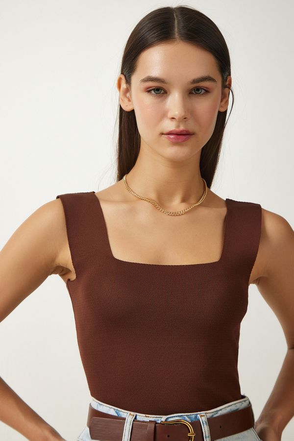 Happiness İstanbul Happiness İstanbul Women's Brown Square Neck Knitwear Crop Blouse