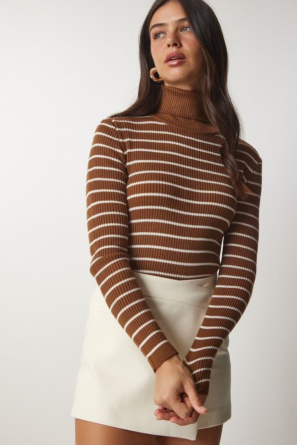 Happiness İstanbul Happiness İstanbul Women's Brown Striped Turtleneck Knitwear Sweater