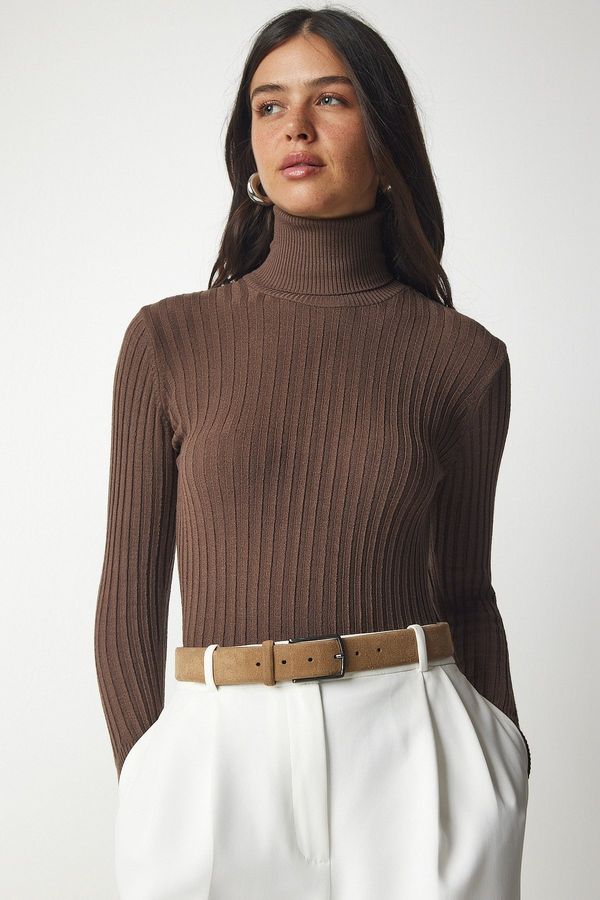 Happiness İstanbul Happiness İstanbul Women's Brown Turtleneck Basic Corduroy Sweater