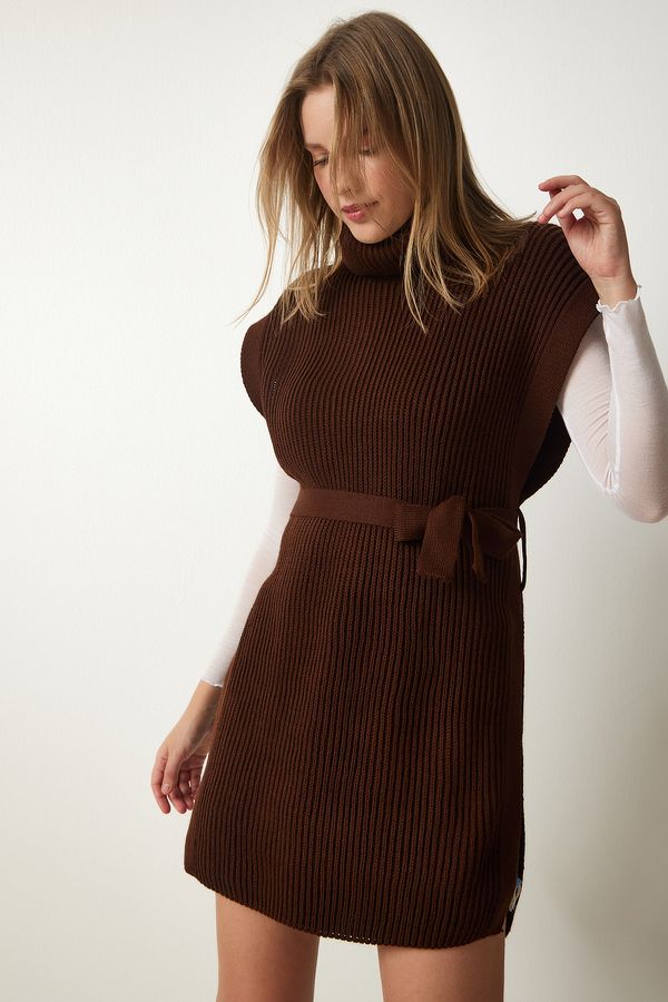 Happiness İstanbul Happiness İstanbul Women's Brown Turtleneck Belted Knitwear Sweater