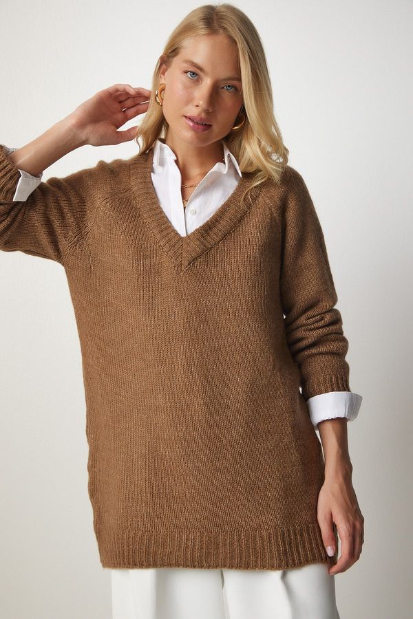 Happiness İstanbul Happiness İstanbul Women's Brown V-Neck Loose Knitwear Sweater
