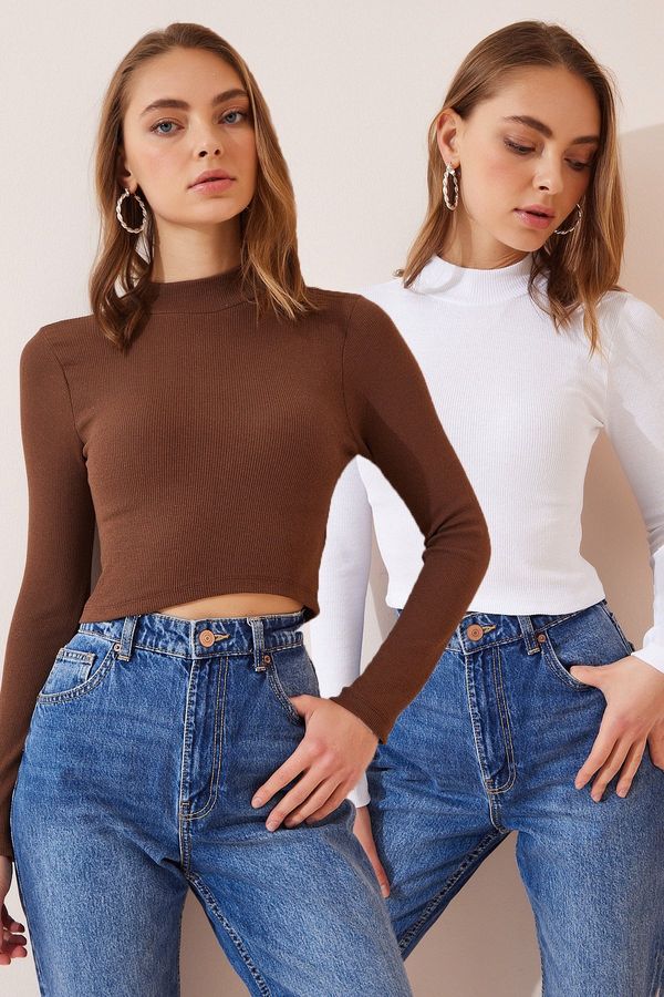 Happiness İstanbul Happiness İstanbul Women's Brown White 2 Pack Ribbed Turtleneck Crop Knitted Blouse