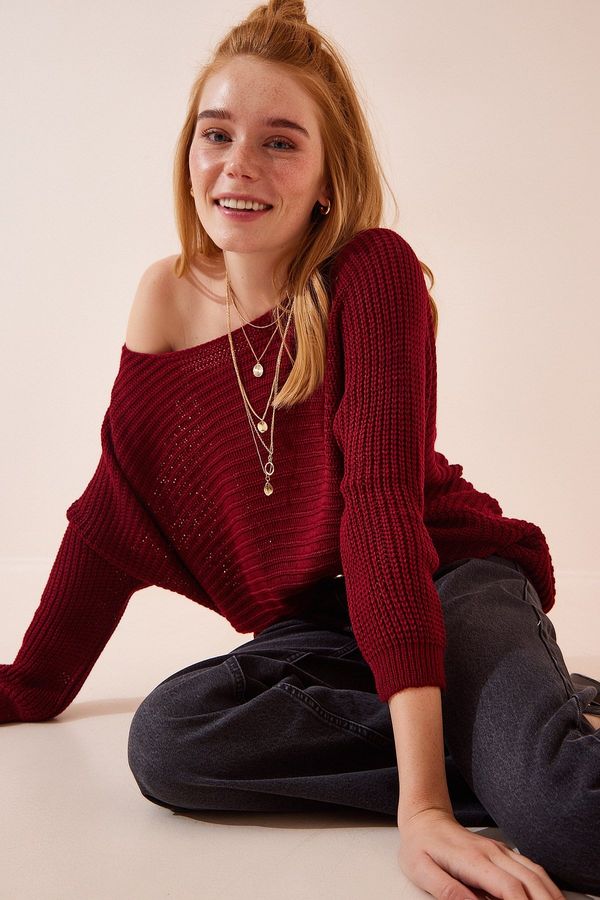 Happiness İstanbul Happiness İstanbul Women's Burgundy Boat Collar Oversize Long Knitwear Sweater