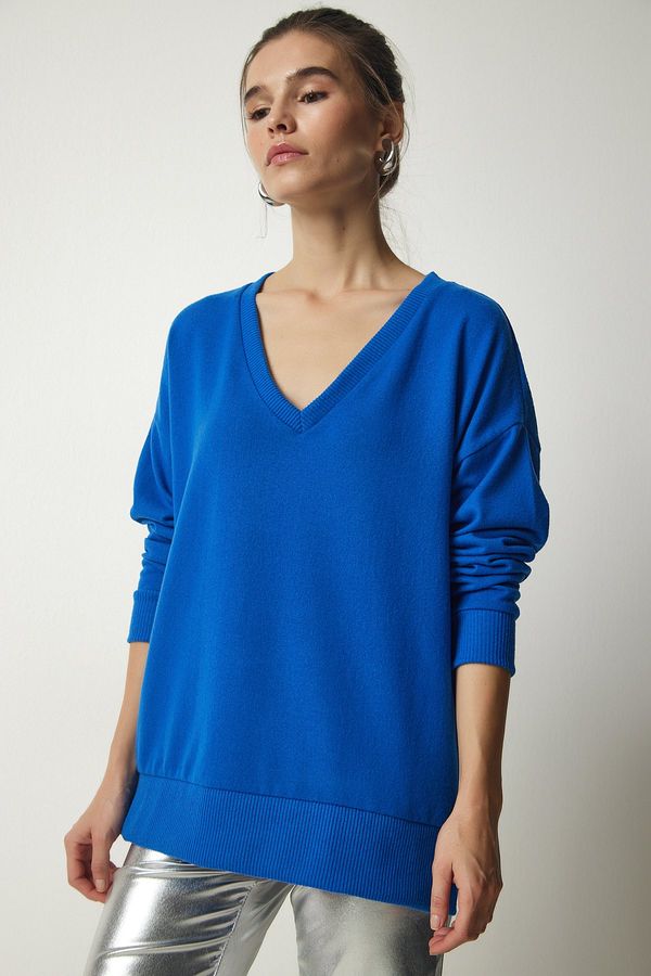 Happiness İstanbul Happiness İstanbul Women's Cobalt Blue V-Neck Fluffy Knitted Sweater