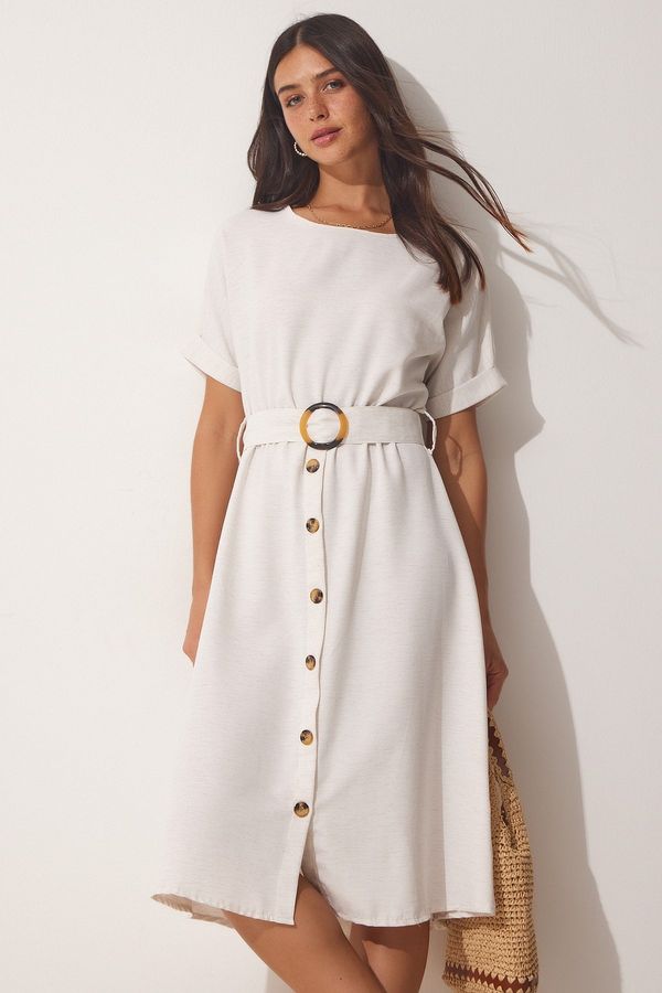 Happiness İstanbul Happiness İstanbul Women's Cream Belted Summer Linen Viscose Dress
