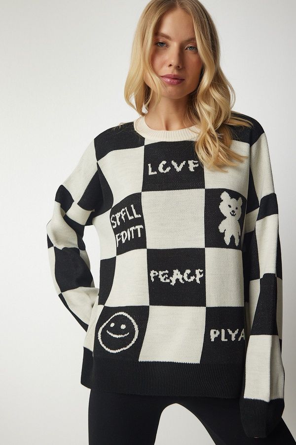 Happiness İstanbul Happiness İstanbul Women's Cream Black Checkerboard Patterned Knitwear Sweater