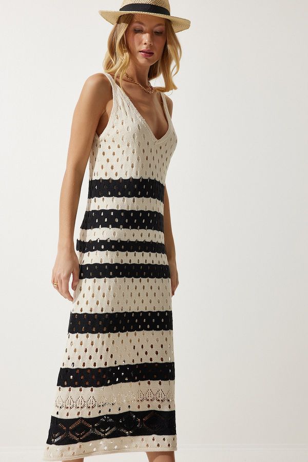 Happiness İstanbul Happiness İstanbul Women's Cream Black Strappy Striped Summer Knitwear Dress