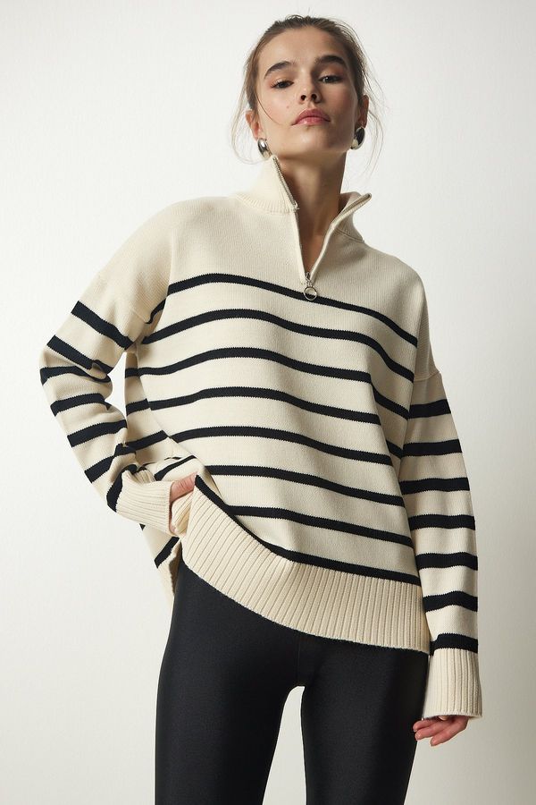 Happiness İstanbul Happiness İstanbul Women's Cream Black Zippered Collar Striped Knitwear Sweater