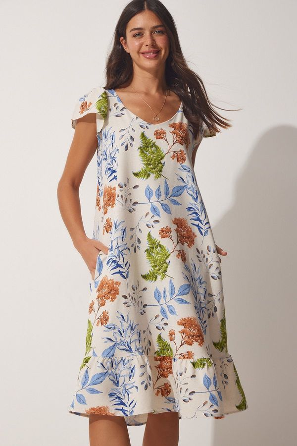 Happiness İstanbul Happiness İstanbul Women's Cream Blue Patterned Linen Summer A-Line Dress