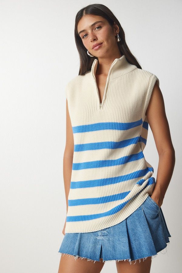 Happiness İstanbul Happiness İstanbul Women's Cream Blue Zipper Collar Striped Sweater