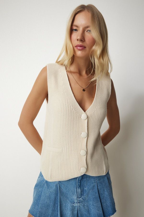 Happiness İstanbul Happiness İstanbul Women's Cream Buttoned Knitwear Vest
