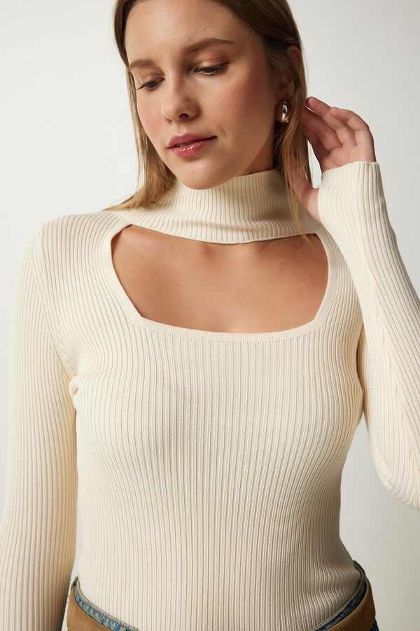 Happiness İstanbul Happiness İstanbul Women's Cream Cut Out Detailed High Neck Ribbed Knitwear Sweater