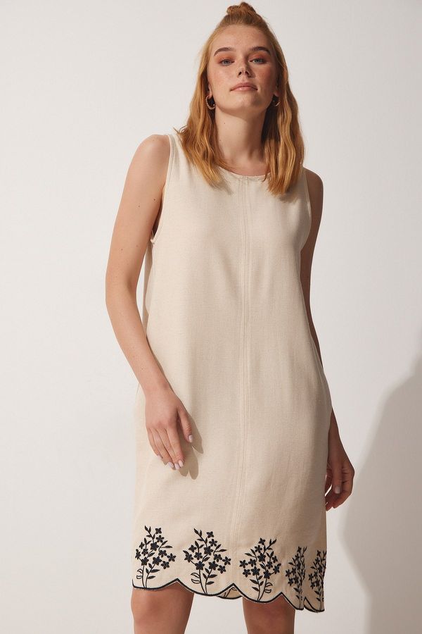 Happiness İstanbul Happiness İstanbul Women's Cream Embroidered Summer Raw Linen A-Line Dress