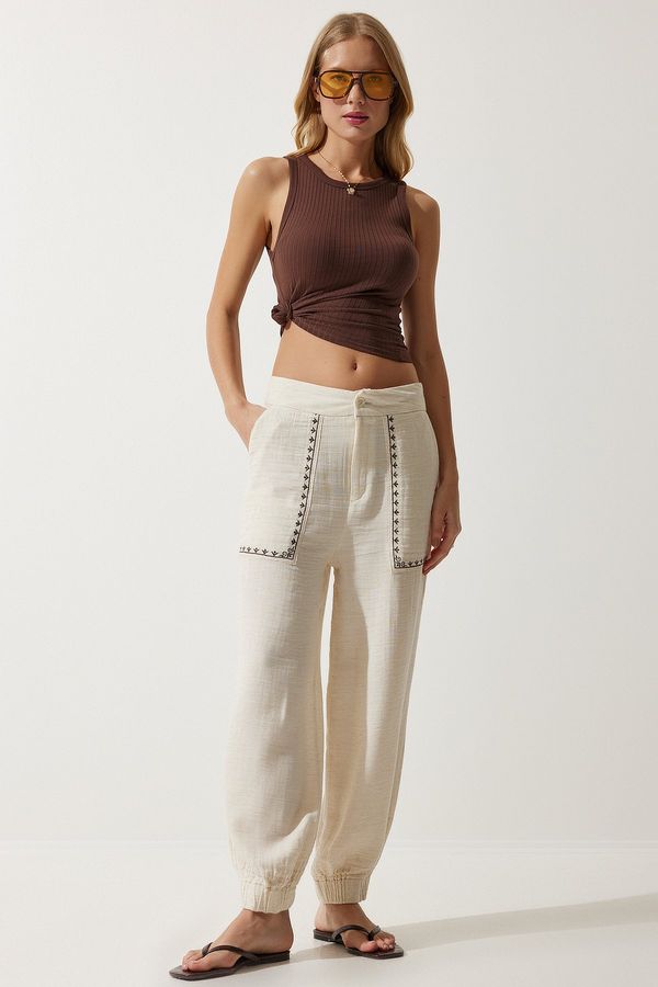 Happiness İstanbul Happiness İstanbul Women's Cream Embroidery Detail Muslin Trousers