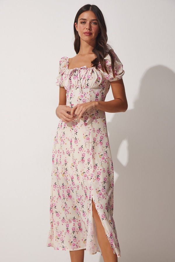 Happiness İstanbul Happiness İstanbul Women's Cream Gathered Collar Floral Satin Surface Summer Dress