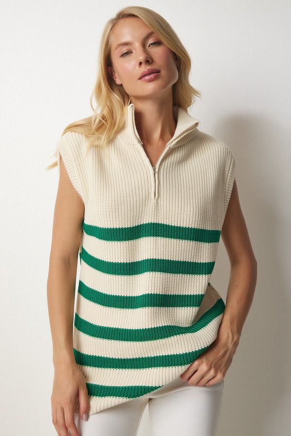 Happiness İstanbul Happiness İstanbul Women's Cream Green Zippered Collar Striped Sweater