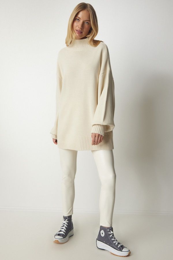 Happiness İstanbul Happiness İstanbul Women's Cream High Neck Oversize Basic Knitwear Sweater