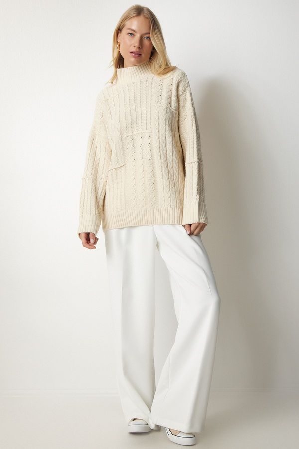 Happiness İstanbul Happiness İstanbul Women's Cream Knit Pattern High Neck Knitwear Sweater