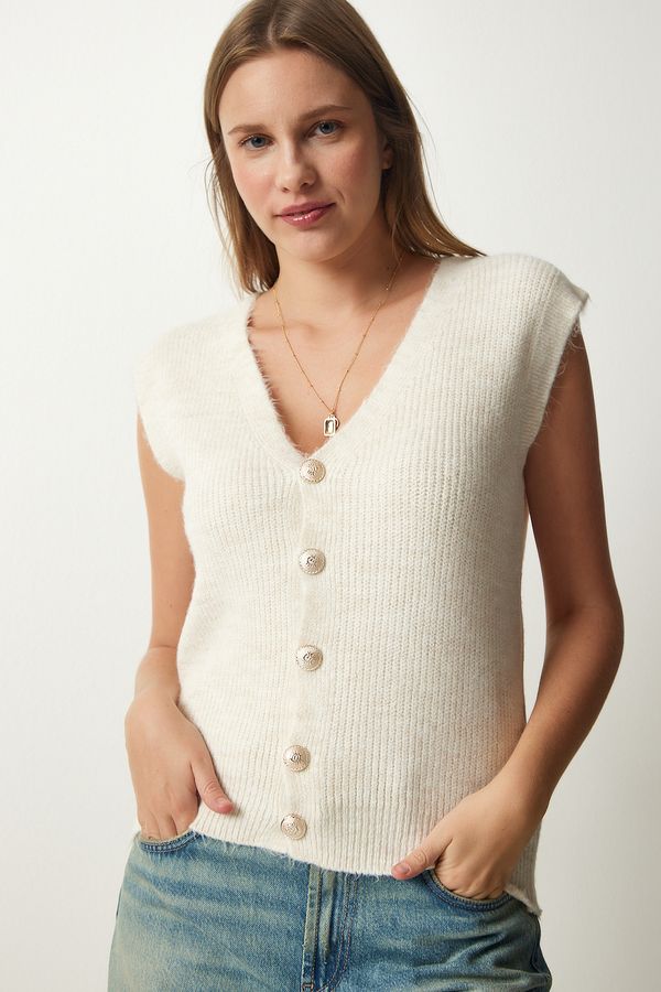 Happiness İstanbul Happiness İstanbul Women's Cream Metal Buttoned Woolen Knitwear Vest