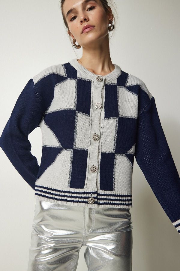Happiness İstanbul Happiness İstanbul Women's Cream Navy Blue Stylish Buttoned Patterned Knitwear Cardigan