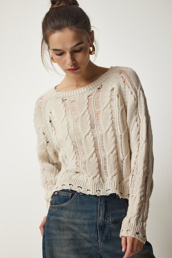 Happiness İstanbul Happiness İstanbul Women's Cream Openwork Ripped Detail Crop Knitwear Sweater