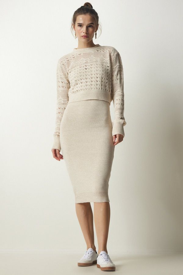 Happiness İstanbul Happiness İstanbul Women's Cream Openwork Sweater Dress Knitwear Suit