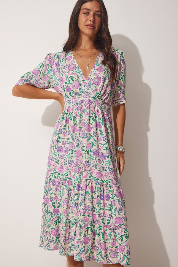 Happiness İstanbul Happiness İstanbul Women's Cream Pink Wrap Collar Floral Summer Viscose Dress