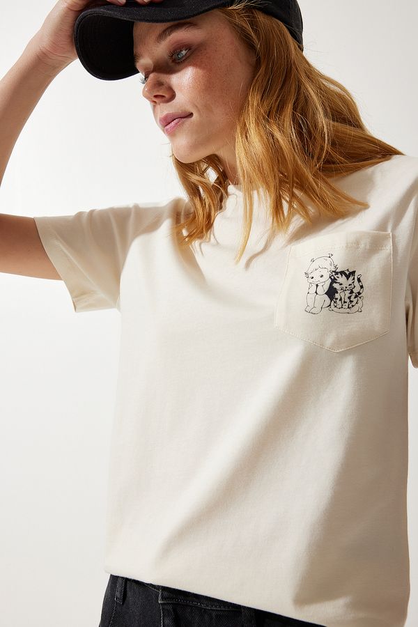 Happiness İstanbul Happiness İstanbul Women's Cream Pocket Knitted T-Shirt