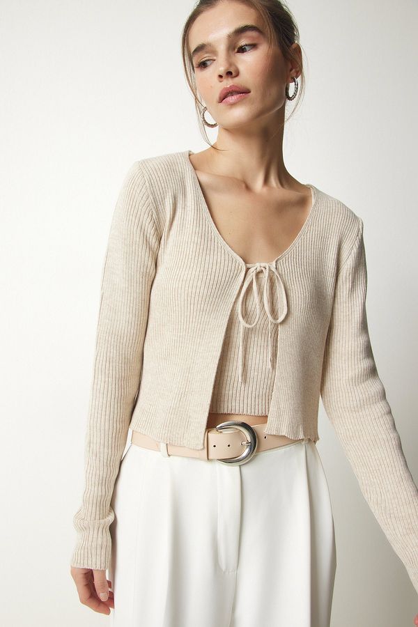 Happiness İstanbul Happiness İstanbul Women's Cream Ribbed Knitwear Crop Cardigan Suit