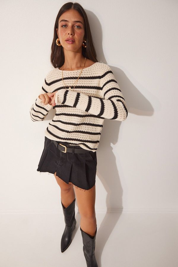 Happiness İstanbul Happiness İstanbul Women's Cream Striped Openwork Knitwear Sweater