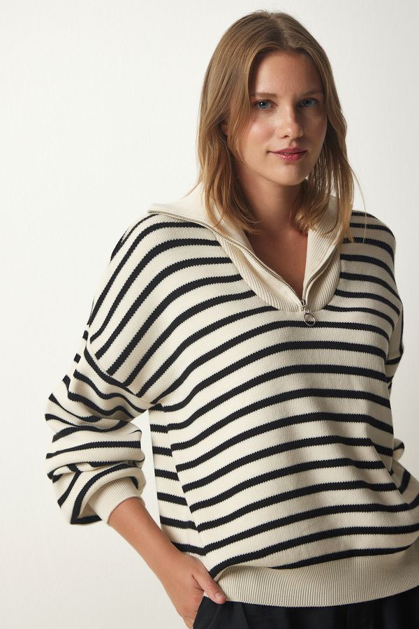 Happiness İstanbul Happiness İstanbul Women's Cream Striped Zippered Collar Knitwear Sweater