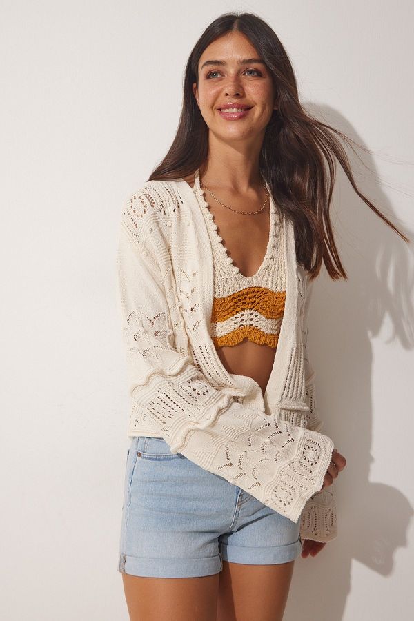 Happiness İstanbul Happiness İstanbul Women's Cream Textured Openwork Summer Knitwear Cardigan