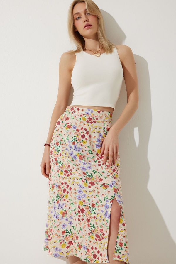 Happiness İstanbul Happiness İstanbul Women's Cream Tile Floral Slit Summer Viscose Skirt