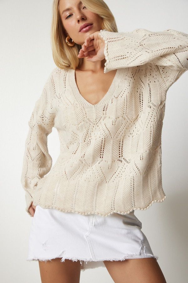 Happiness İstanbul Happiness İstanbul Women's Cream V-Neck Openwork Knitwear Sweater