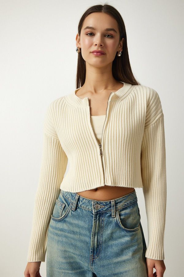 Happiness İstanbul Happiness İstanbul Women's Cream Zippered Ribbed Crop Knitwear Cardigan