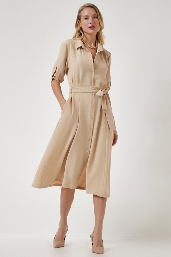 Happiness İstanbul Happiness İstanbul Women's Dark Beige Belted Shirt Dress