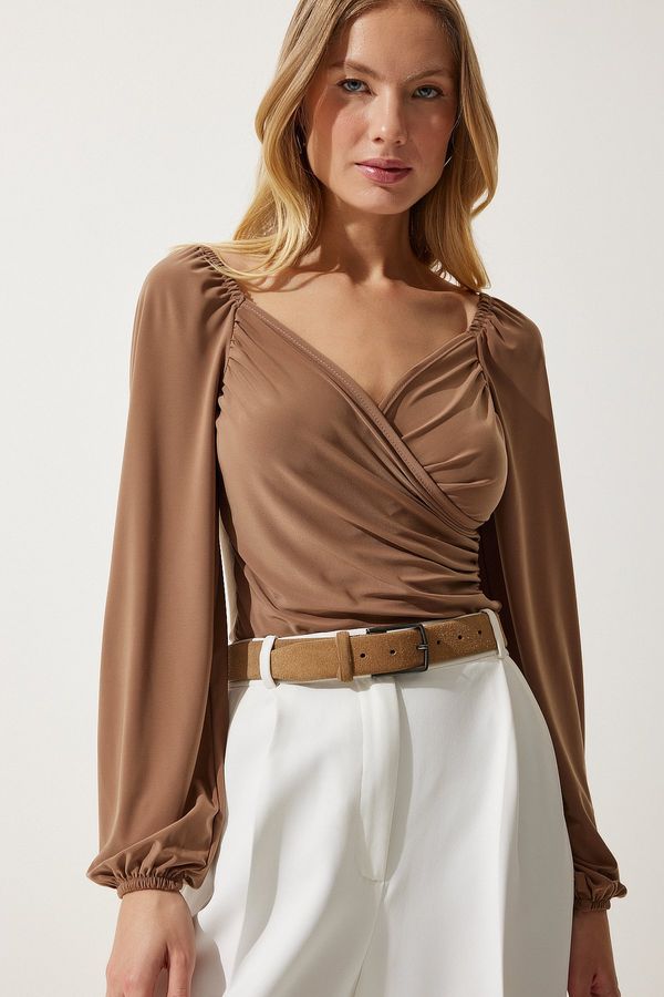 Happiness İstanbul Happiness İstanbul Women's Dark Beige Elastic Balloon Sleeve Sandy Knitted Blouse