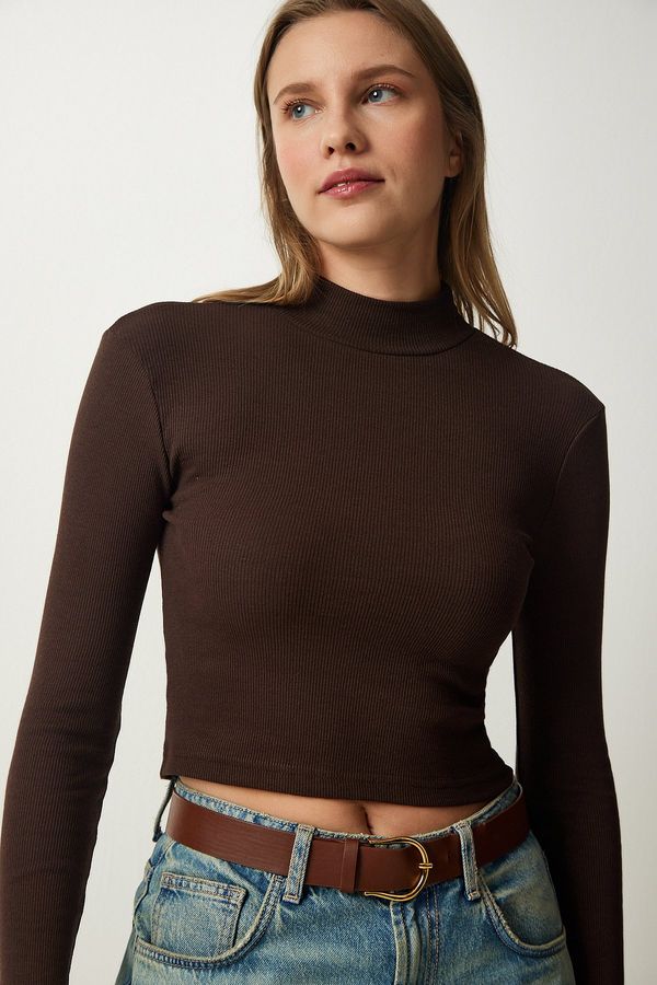 Happiness İstanbul Happiness İstanbul Women's Dark Brown Corded Turtleneck Crop Knitted Blouse