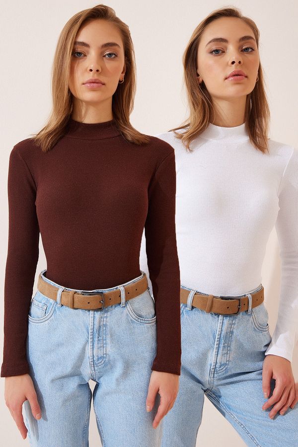 Happiness İstanbul Happiness İstanbul Women's Dark Brown White 2 Pack Ribbed Turtleneck Knitted Blouse
