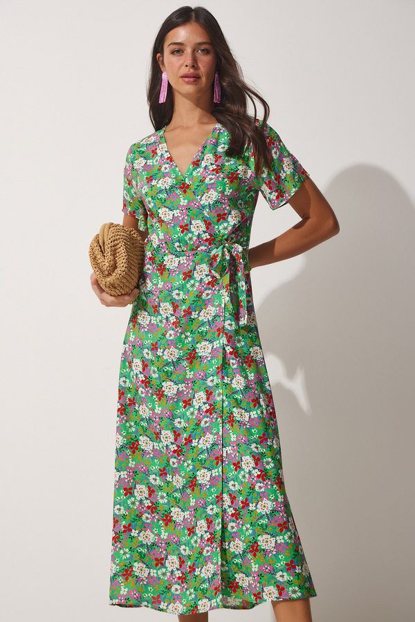 Happiness İstanbul Happiness İstanbul Women's Dark Green Floral Tie Wrapover Neck Summer Viscose Dress