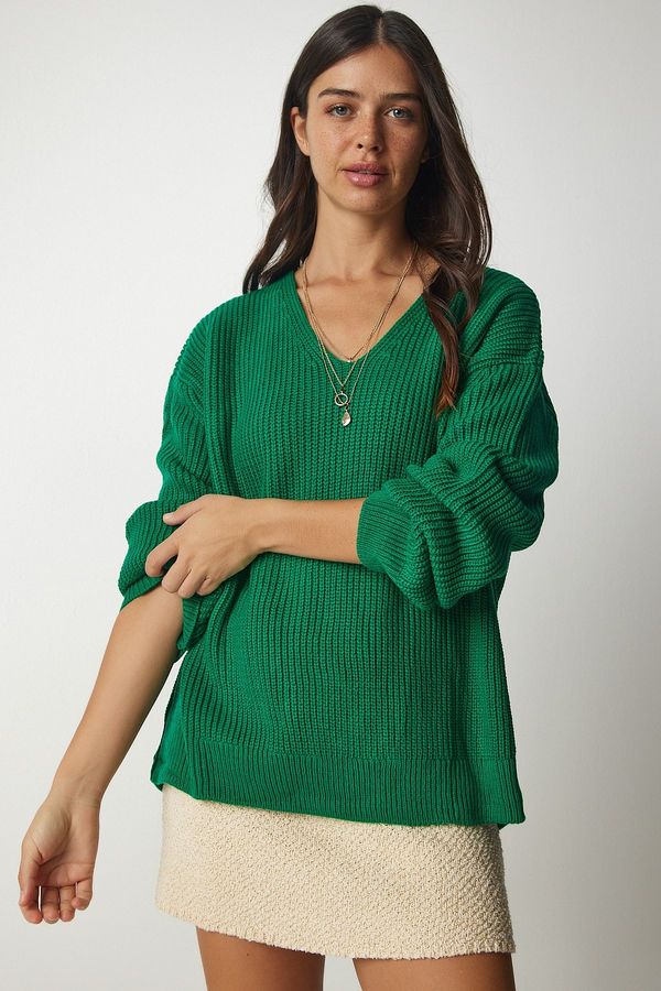 Happiness İstanbul Happiness İstanbul Women's Dark Green V-Neck Oversize Basic Knitwear Sweater