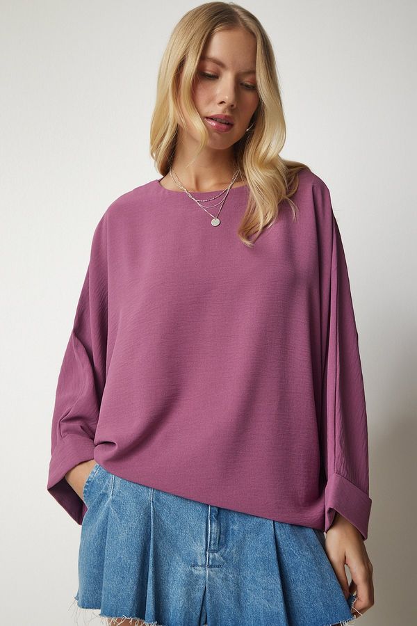 Happiness İstanbul Happiness İstanbul Women's Dark Lilac Bat Sleeves Flowy Curtain Wrapper Shirt