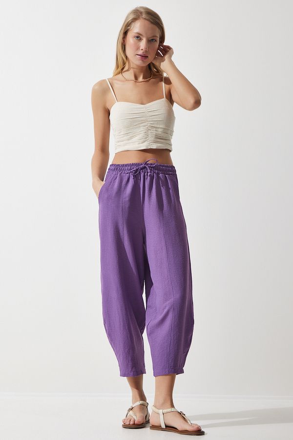 Happiness İstanbul Happiness İstanbul Women's Dark Purple Pocket Linen Viscose Baggy Trousers