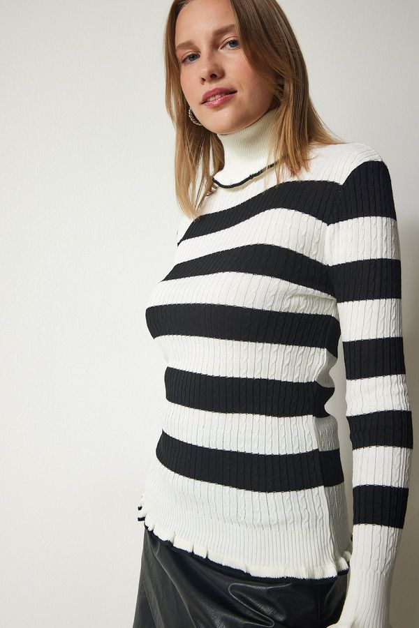 Happiness İstanbul Happiness İstanbul Women's Ecru Black Turtleneck Frilly Striped Knitwear Sweater