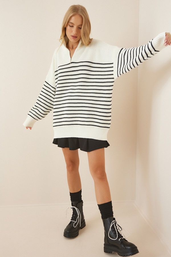 Happiness İstanbul Happiness İstanbul Women's Ecru Black Zipper Stand-Up Collar Striped Oversized Sweater