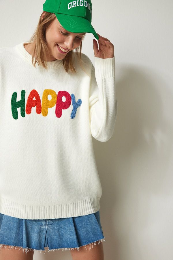 Happiness İstanbul Happiness İstanbul Women's Ecru Punch Embroidered Oversize Thick Knitwear Sweater