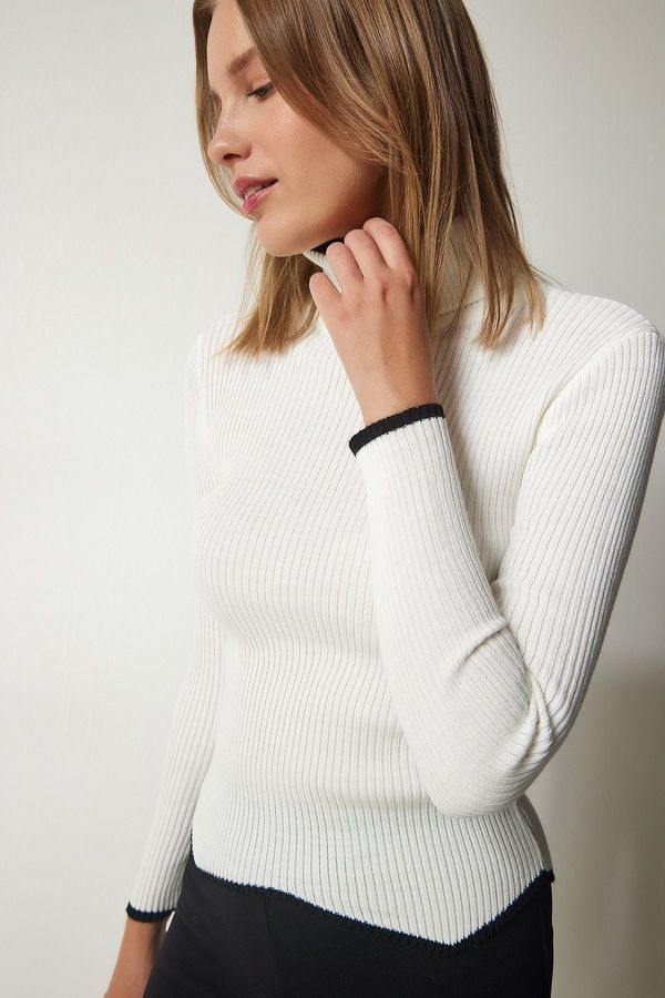 Happiness İstanbul Happiness İstanbul Women's Ecru Turtleneck Ribbon Detail Ribbed Knitwear Sweater